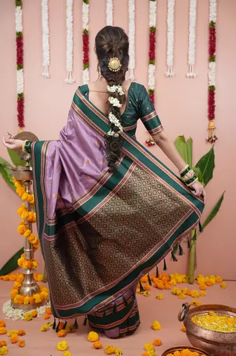 dark levender color narayani woven border zari work soft silk blend saree