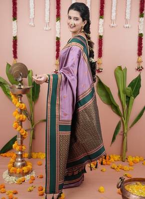 dark levender color narayani woven border zari work soft silk blend saree 4