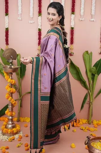 dark levender color narayani woven border zari work soft silk blend saree