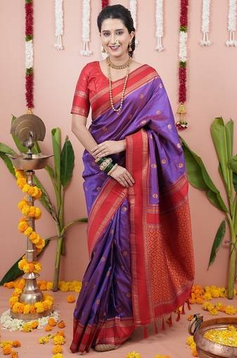 light purple color narayani woven border zari work soft silk blend saree