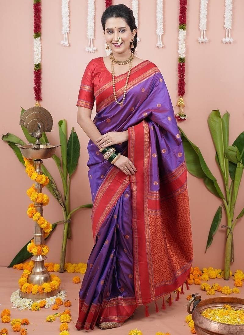 light purple color narayani woven border zari work soft silk blend saree