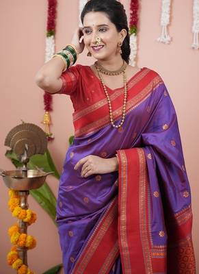 light purple color narayani woven border zari work soft silk blend saree 2