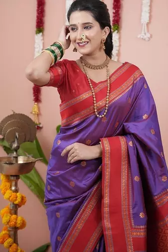 light purple color narayani woven border zari work soft silk blend saree