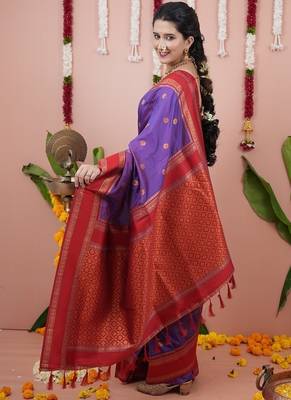 light purple color narayani woven border zari work soft silk blend saree 4