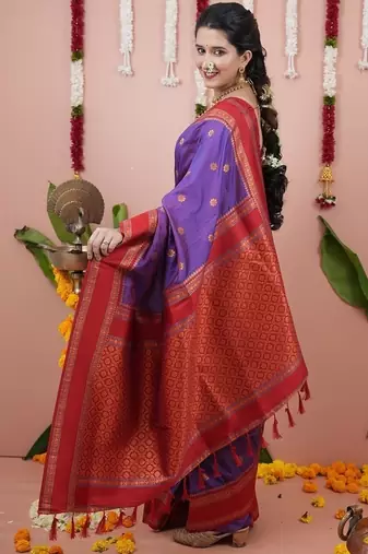 light purple color narayani woven border zari work soft silk blend saree