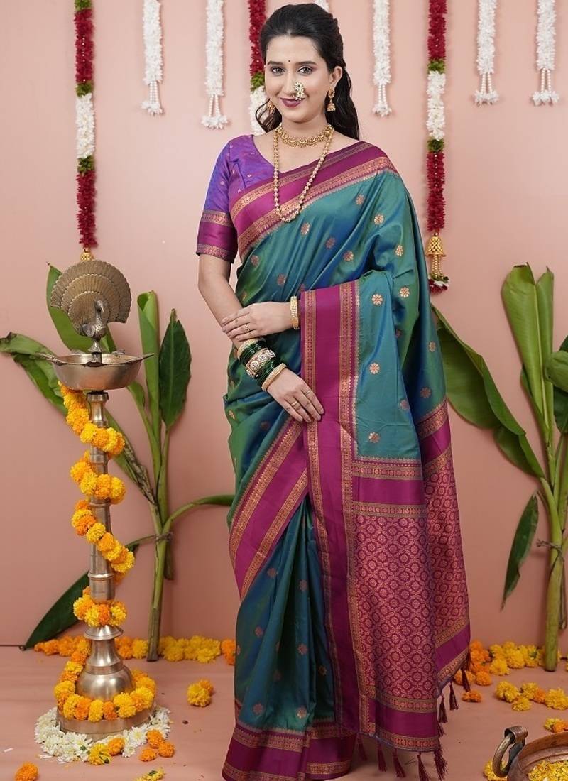 green color narayani woven border zari work soft silk blend saree