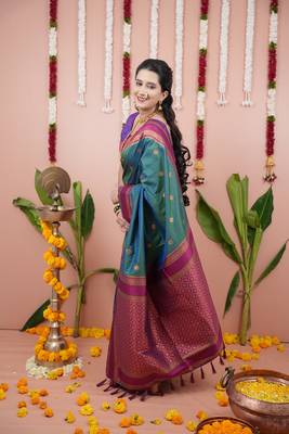green color narayani woven border zari work soft silk blend saree 4