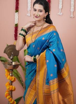 dark sky blue color narayani woven border zari work soft silk blend saree 2