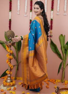 dark sky blue color narayani woven border zari work soft silk blend saree 4