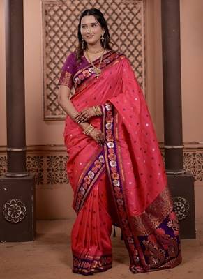pink full woven border zari work soft silk blend saree 1