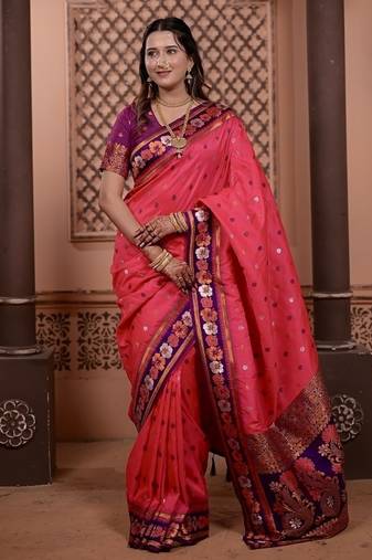pink color colorfull woven border zari work soft silk blend saree