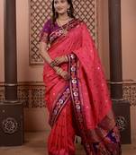 pink color colorfull woven border zari work soft silk blend saree