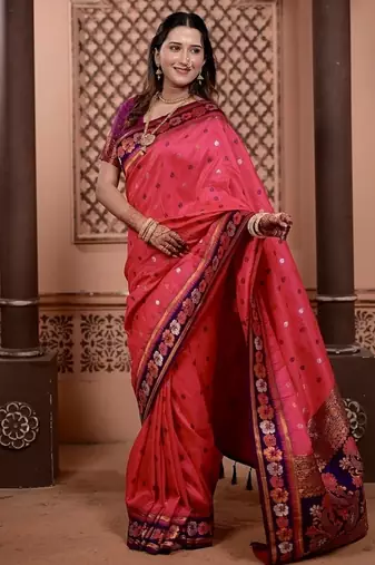pink color colorfull woven border zari work soft silk blend saree