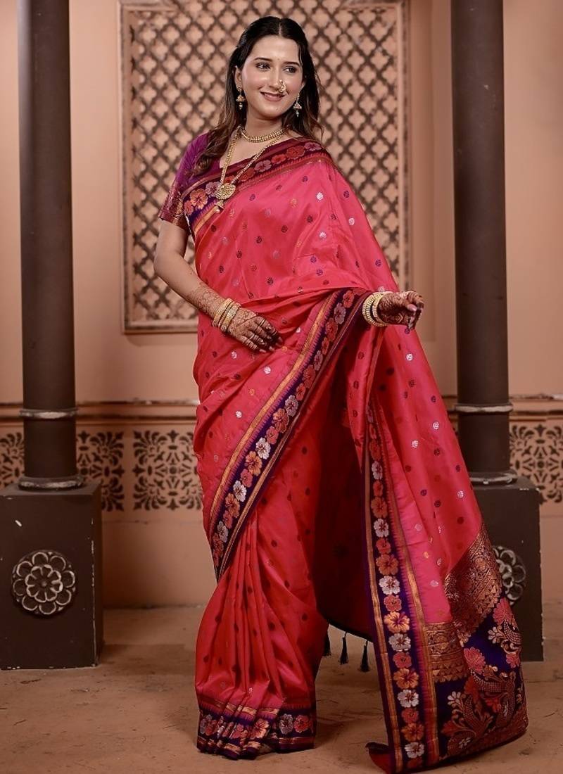 pink color colorfull woven border zari work soft silk blend saree