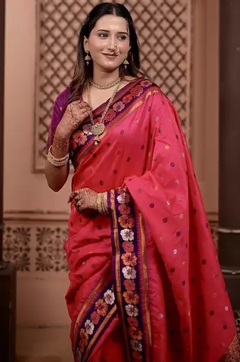 pink color colorfull woven border zari work soft silk blend saree