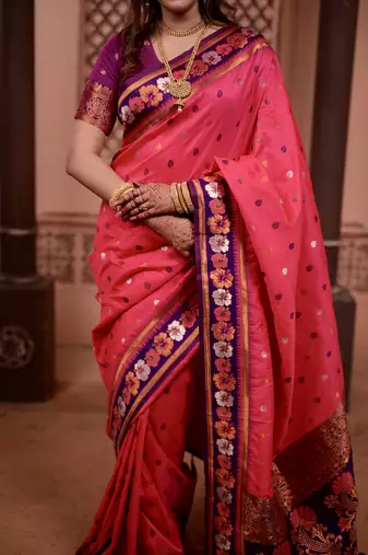 pink color colorfull woven border zari work soft silk blend saree