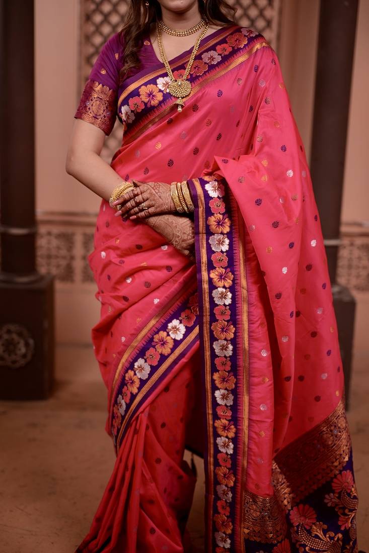 pink color colorfull woven border zari work soft silk blend saree