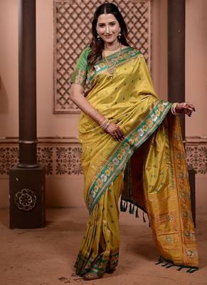 yellow color colorfull woven border zari work soft silk blend saree 1