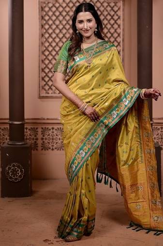 yellow color colorfull woven border zari work soft silk blend saree