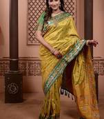 yellow color colorfull woven border zari work soft silk blend saree