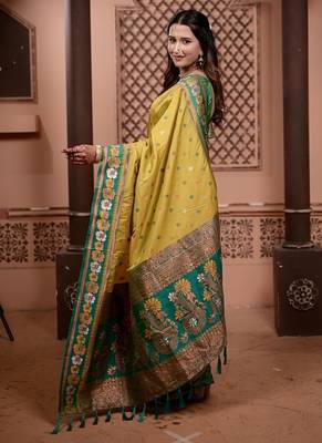 yellow color colorfull woven border zari work soft silk blend saree 2