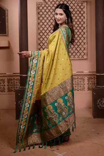 yellow color colorfull woven border zari work soft silk blend saree