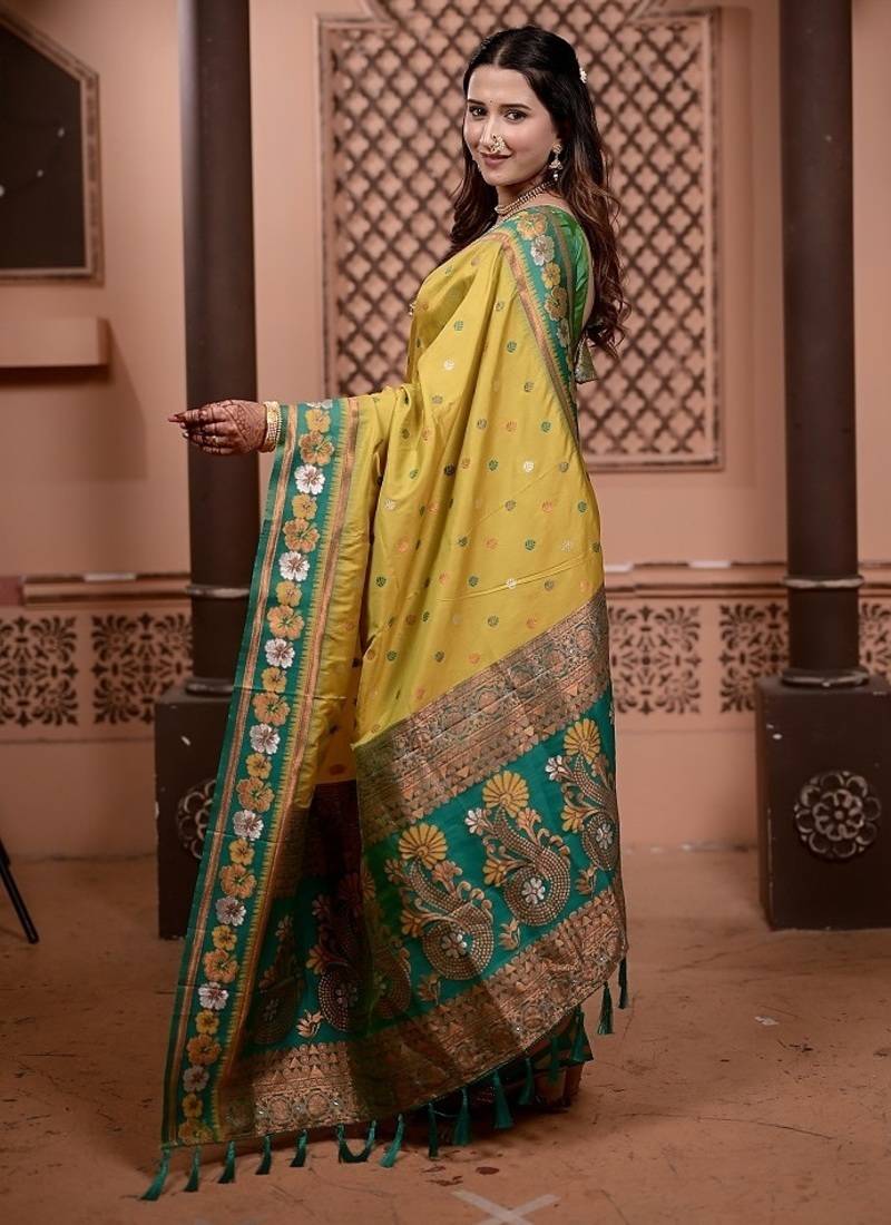 yellow color colorfull woven border zari work soft silk blend saree