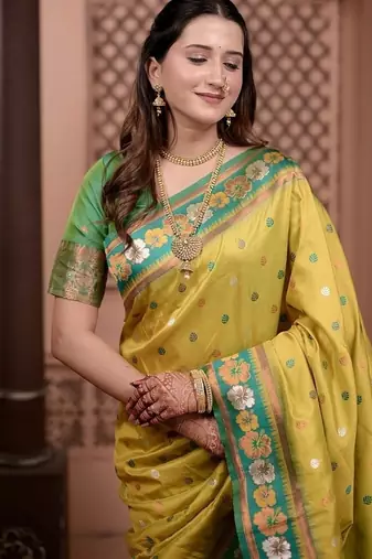 yellow color colorfull woven border zari work soft silk blend saree
