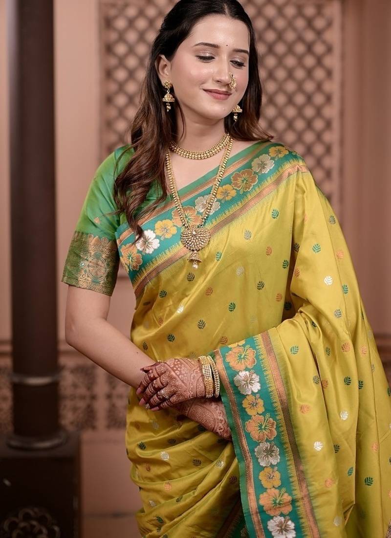 yellow color colorfull woven border zari work soft silk blend saree