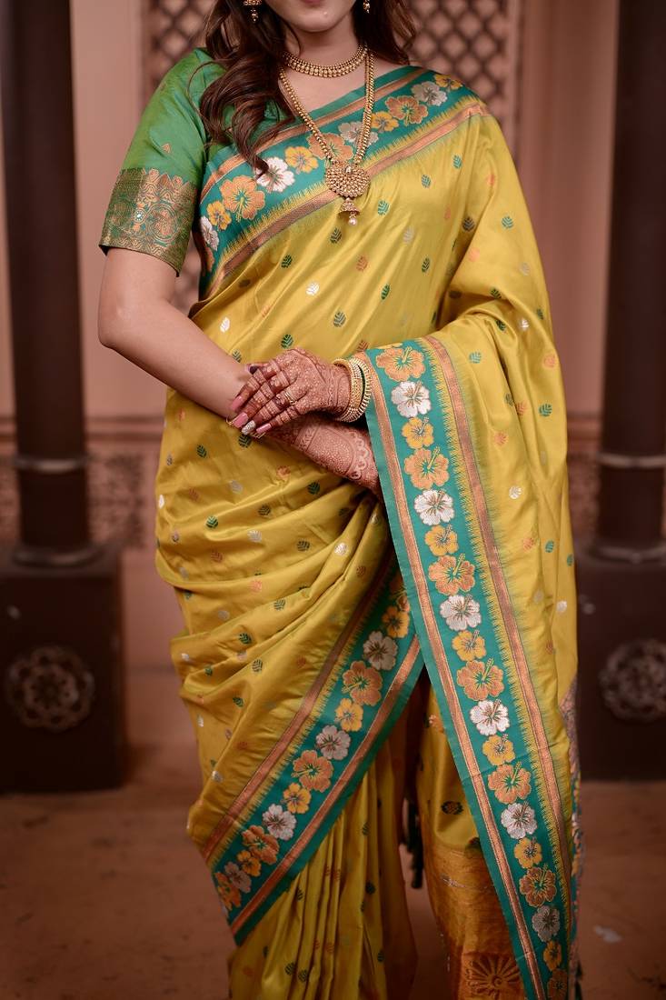 yellow color colorfull woven border zari work soft silk blend saree
