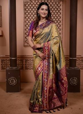 mehandi green color colorfull woven border zari work soft silk blend saree 1