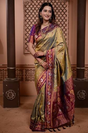 mehandi green color colorfull woven border zari work soft silk blend saree