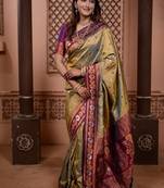 mehandi green color colorfull woven border zari work soft silk blend saree
