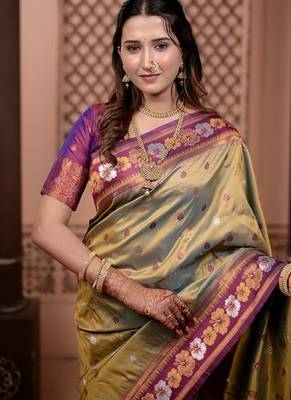 mehandi green color colorfull woven border zari work soft silk blend saree 2