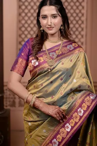mehandi green color colorfull woven border zari work soft silk blend saree