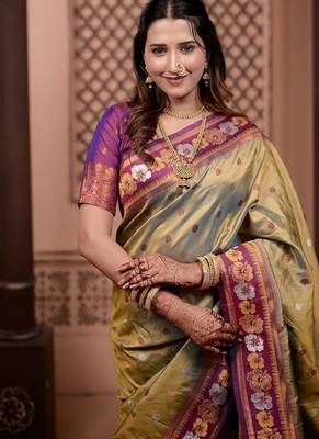 mehandi green color colorfull woven border zari work soft silk blend saree 3