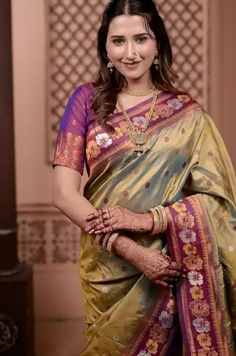 mehandi green color colorfull woven border zari work soft silk blend saree