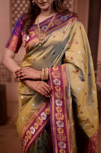 mehandi green color colorfull woven border zari work soft silk blend saree