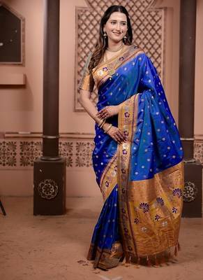 blue color colorfull woven border zari work soft silk blend saree 1