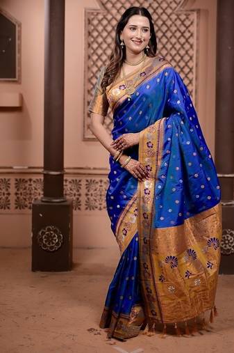 blue color colorfull woven border zari work soft silk blend saree