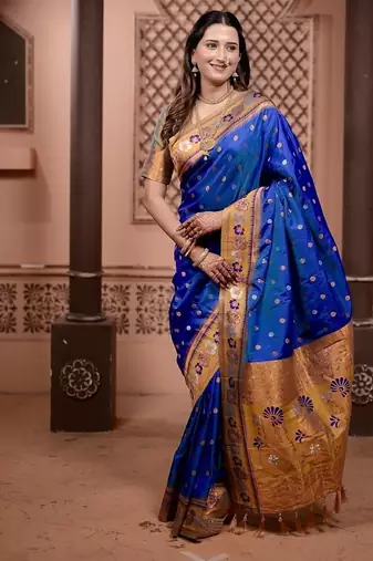 blue color colorfull woven border zari work soft silk blend saree