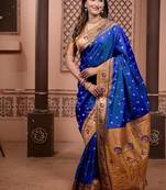 blue color colorfull woven border zari work soft silk blend saree