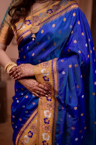 blue color colorfull woven border zari work soft silk blend saree