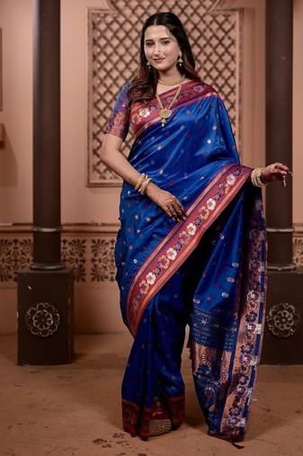 Blue color colorfull woven border zari work soft silk blend saree