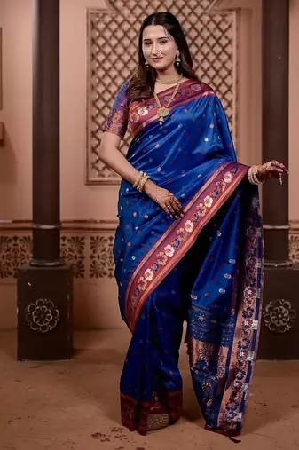 Blue color colorfull woven border zari work soft silk blend saree