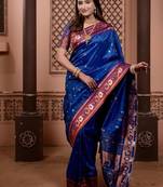 Blue color colorfull woven border zari work soft silk blend saree