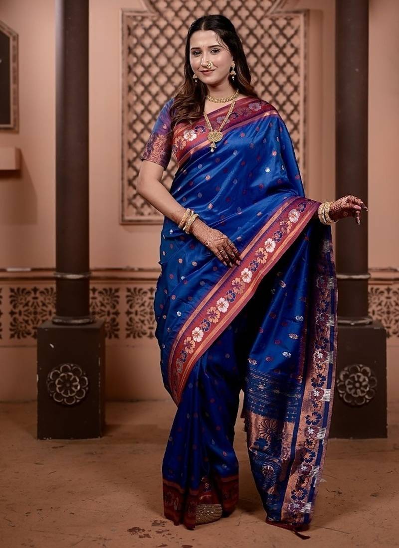 Blue color colorfull woven border zari work soft silk blend saree