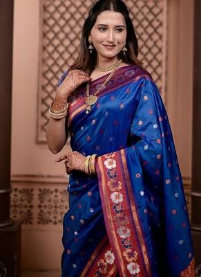 Blue color colorfull woven border zari work soft silk blend saree 2
