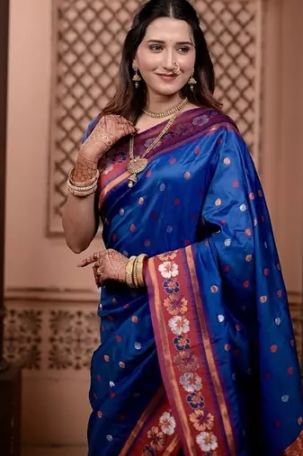 Blue color colorfull woven border zari work soft silk blend saree