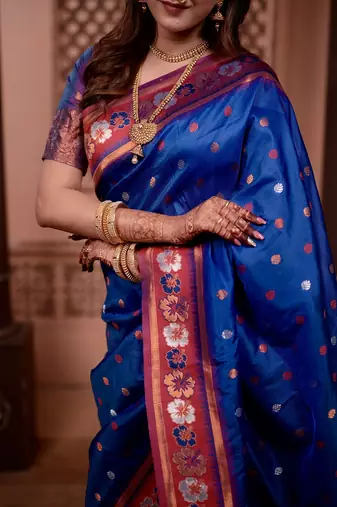 Blue color colorfull woven border zari work soft silk blend saree